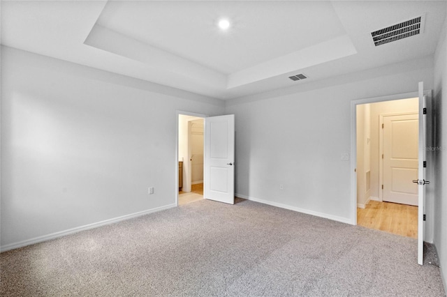 unfurnished bedroom with carpet flooring and a raised ceiling