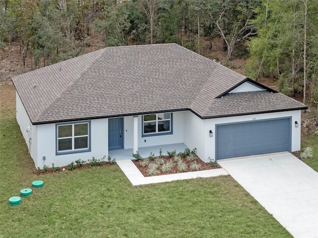 single story home with a porch, a garage, and a front lawn