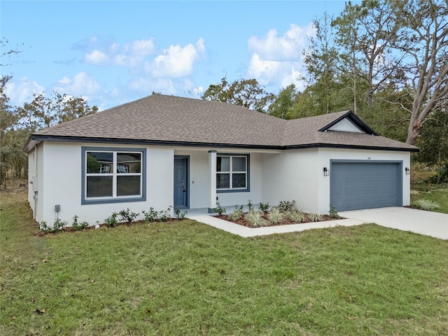 single story home with a front yard and a garage