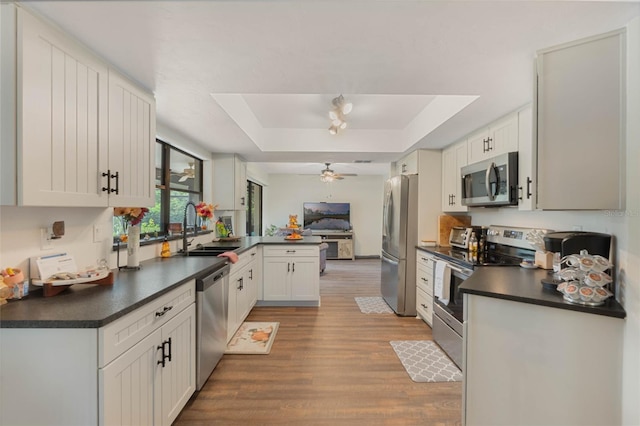 kitchen featuring stainless steel appliances, sink, kitchen peninsula, a tray ceiling, and white cabinets