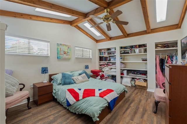 bedroom featuring lofted ceiling with beams, ceiling fan, a closet, and dark hardwood / wood-style flooring