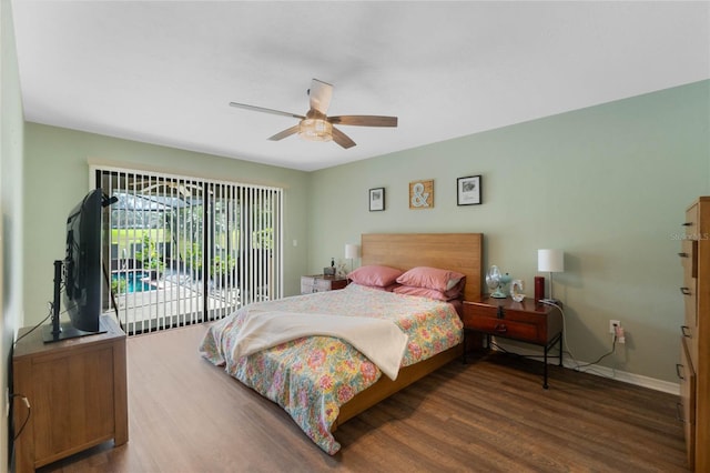 bedroom featuring hardwood / wood-style flooring, ceiling fan, and access to outside