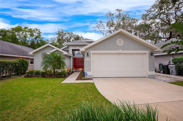 single story home featuring a front lawn and a garage