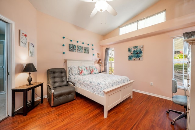 bedroom featuring hardwood / wood-style floors, high vaulted ceiling, and ceiling fan