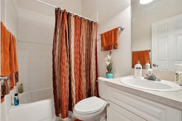 full bathroom with toilet, vanity, and shower / bathtub combination with curtain