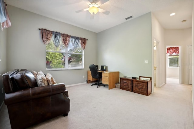 office area featuring ceiling fan and carpet floors