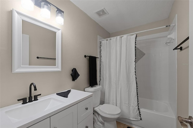 full bathroom with vanity, toilet, and shower / tub combo with curtain