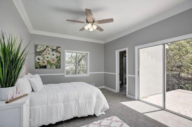 bedroom featuring carpet, ceiling fan, crown molding, and access to outside