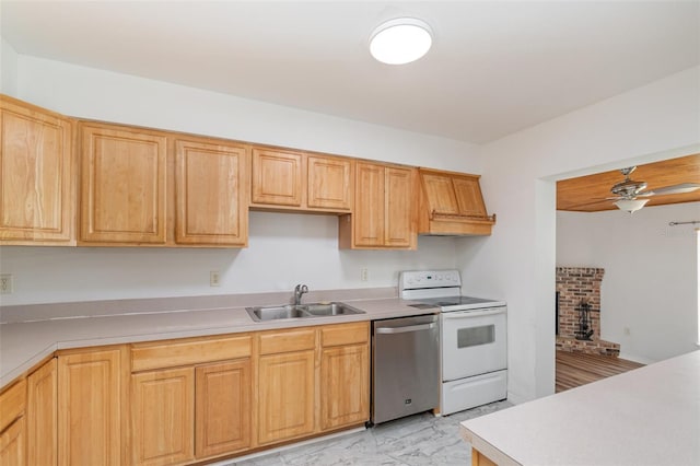 kitchen featuring ceiling fan, dishwasher, sink, white electric range oven, and light brown cabinetry