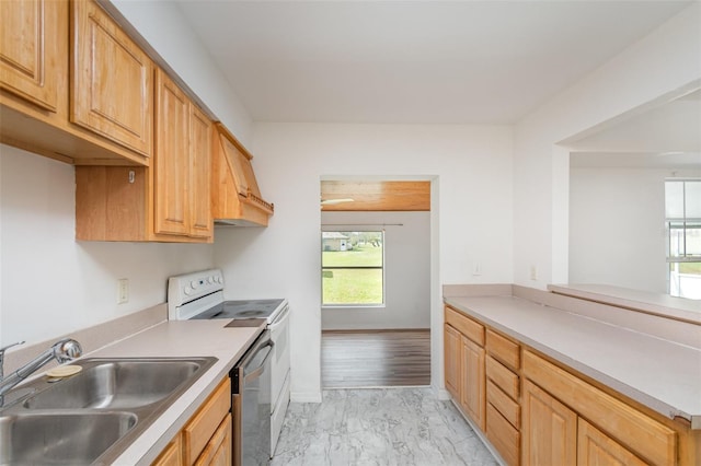 kitchen featuring light brown cabinetry, sink, stainless steel appliances, and light wood-type flooring