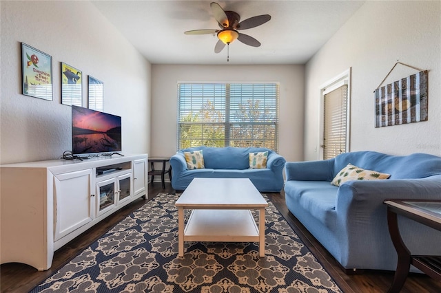 living room with ceiling fan and dark hardwood / wood-style flooring