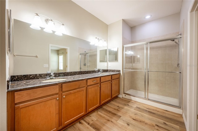 bathroom with vanity, wood-type flooring, and a shower with shower door