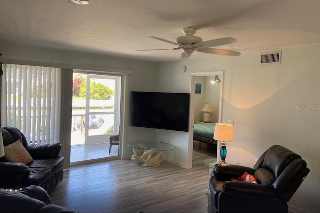 living room with ceiling fan and wood-type flooring