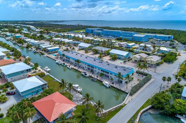 drone / aerial view with a water view