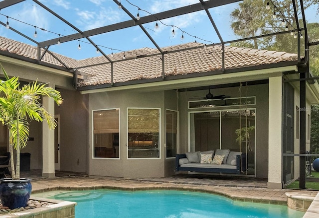 exterior space with a patio, a lanai, and ceiling fan