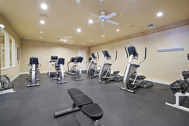 exercise room featuring ceiling fan