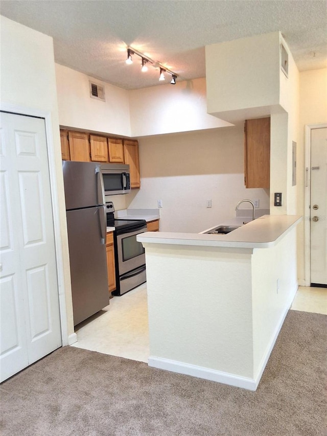 13103 Mulberry Park Dr Unit 817, Orlando, FL 32821 - kitchen featuring stainless steel appliances, rail lighting, light colored carpet, a peninsula, and light countertops