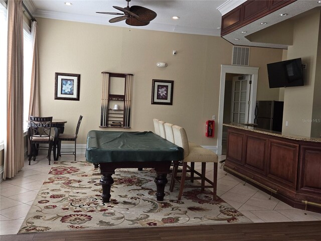 13103 Mulberry Park Dr Unit 817, Orlando, FL 32821 - rec room featuring ceiling fan, ornamental molding, light tile patterned floors, billiards table, and recessed lighting