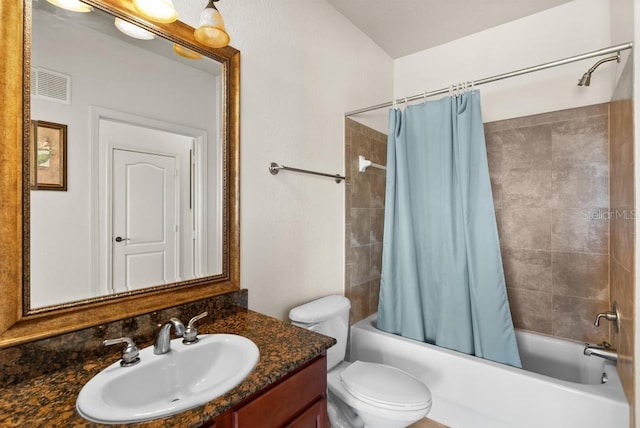 full bathroom with vanity, toilet, and shower / bathtub combination with curtain