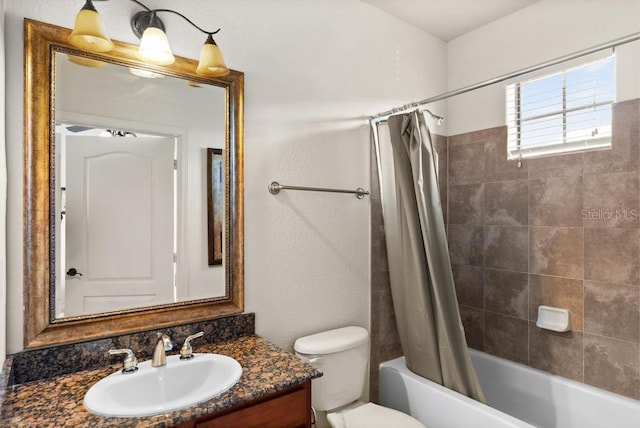 full bathroom with toilet, vanity, and shower / bath combination with curtain