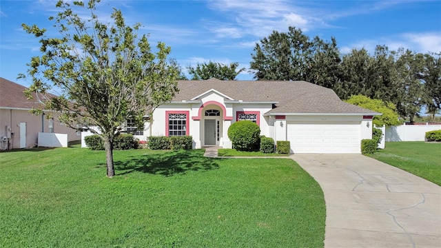 view of front of property featuring a front lawn and a garage