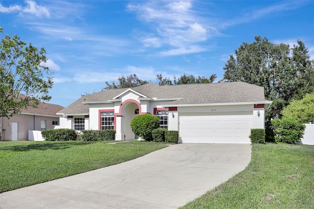 single story home featuring a front yard and a garage