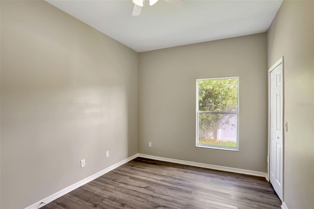 unfurnished room featuring wood-type flooring and ceiling fan