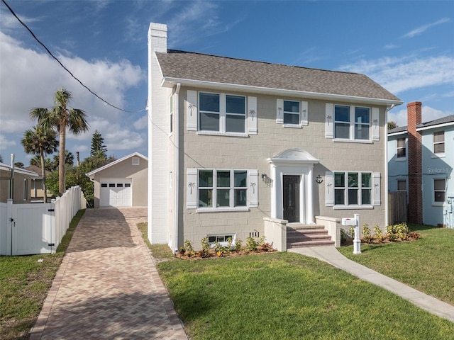 colonial home with a garage, a chimney, an outbuilding, decorative driveway, and a front lawn