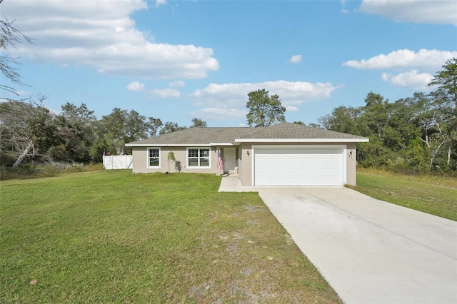 single story home with a front yard and a garage