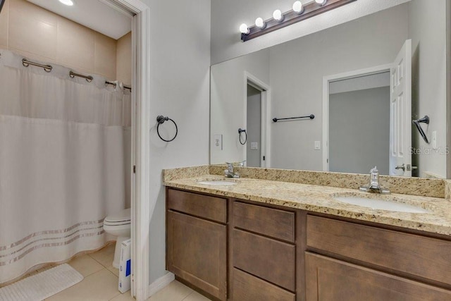 bathroom with vanity, toilet, and tile patterned flooring