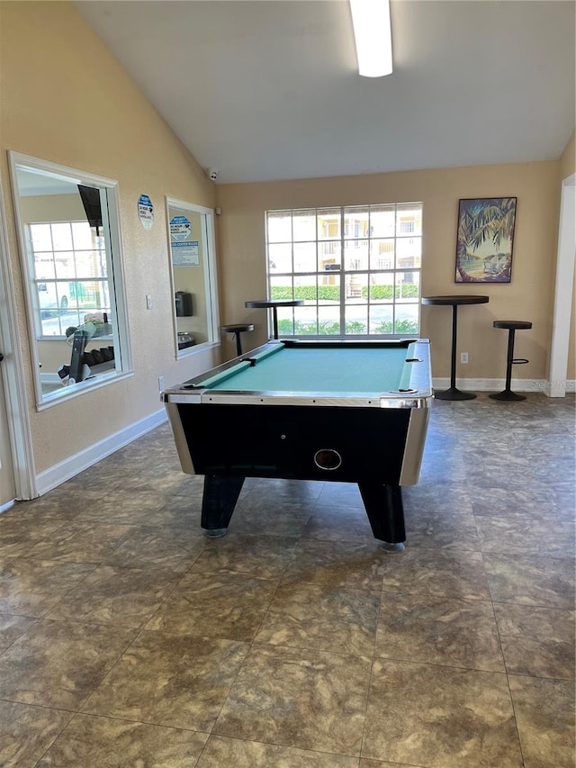 rec room with vaulted ceiling, plenty of natural light, and billiards