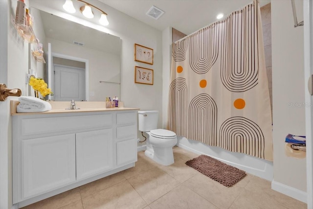 full bathroom with tile patterned flooring, vanity, toilet, and shower / tub combo with curtain