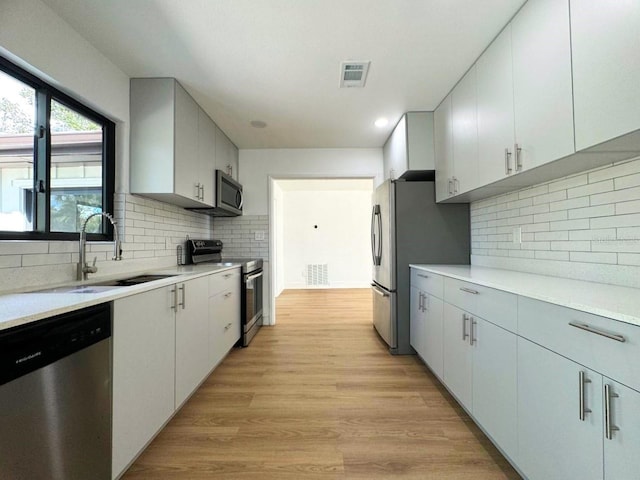 kitchen featuring tasteful backsplash, white cabinetry, appliances with stainless steel finishes, sink, and light hardwood / wood-style floors