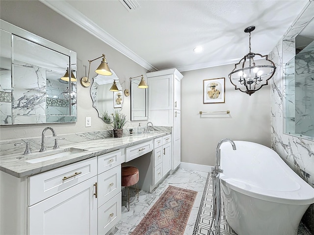 bathroom featuring vanity, a tub to relax in, an inviting chandelier, and ornamental molding