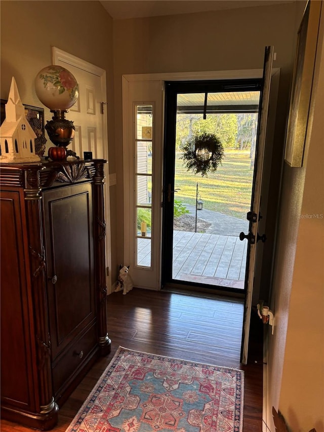 doorway to outside with dark wood-type flooring