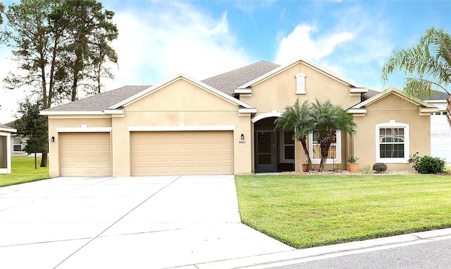 view of front of home featuring a front lawn and a garage