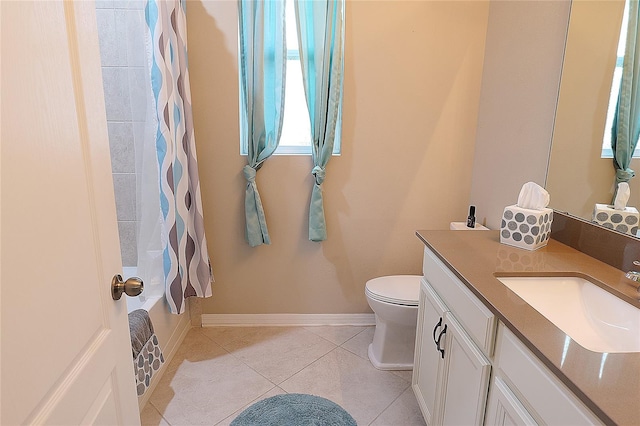 full bathroom with toilet, vanity, tile patterned floors, and shower / bathtub combination with curtain