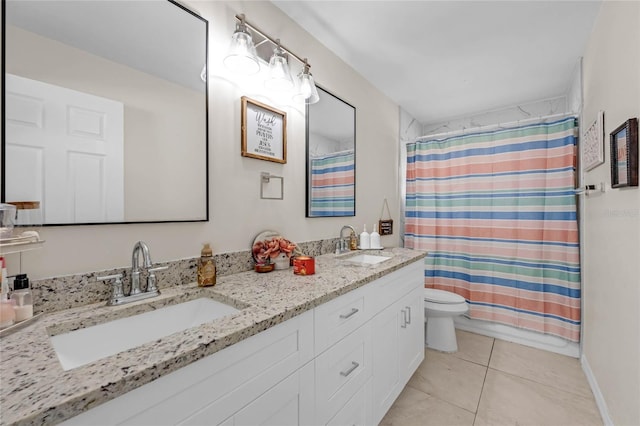 full bathroom featuring tile patterned floors, vanity, toilet, and shower / bath combination with curtain