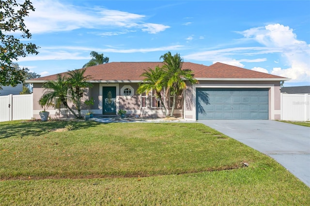 ranch-style house featuring a front yard and a garage