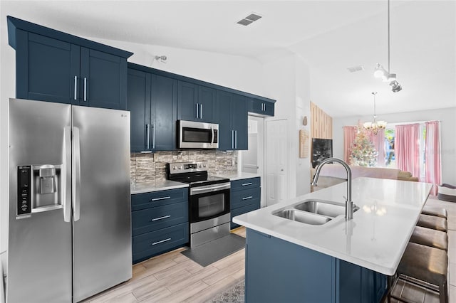 kitchen with sink, blue cabinets, vaulted ceiling, and appliances with stainless steel finishes