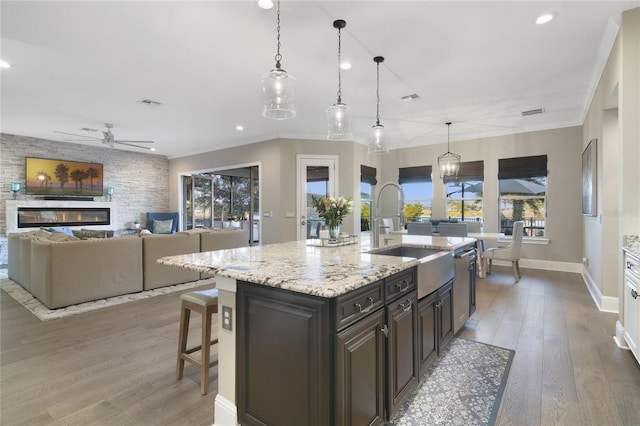 kitchen with a large fireplace, plenty of natural light, light wood-style flooring, and a sink