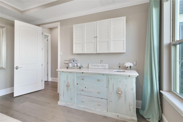 interior space with ornamental molding, light wood-style flooring, and baseboards