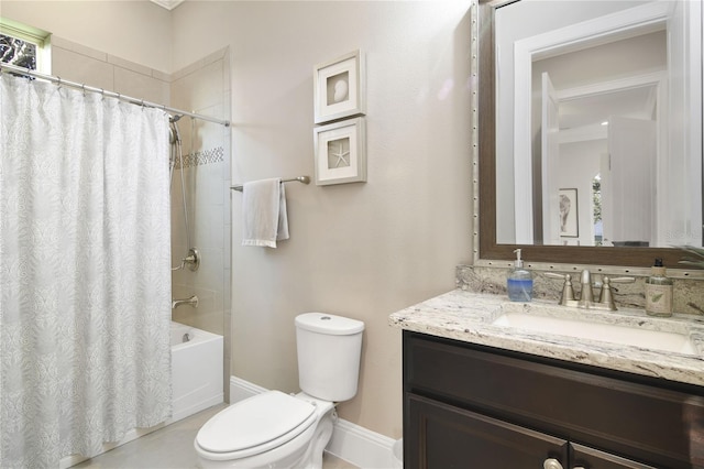 full bath with toilet, shower / bathtub combination with curtain, and vanity