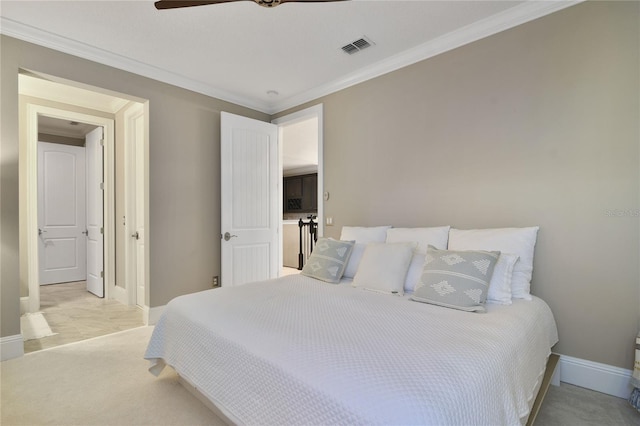 bedroom with baseboards, ceiling fan, visible vents, and crown molding