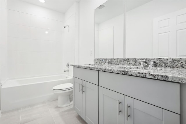 full bathroom with toilet, vanity, bathing tub / shower combination, and tile patterned flooring