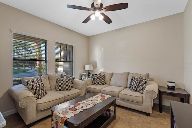 living room with ceiling fan