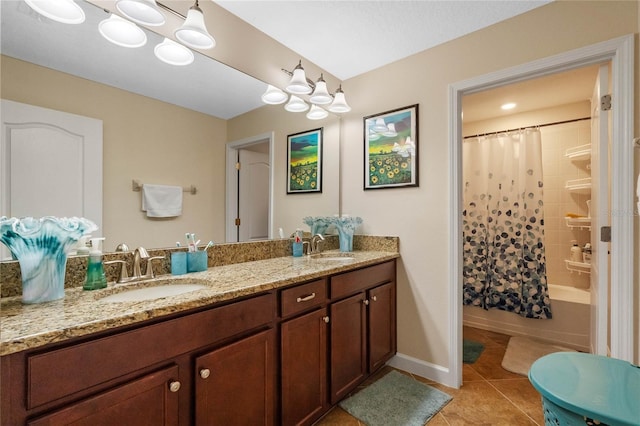 bathroom featuring shower / bath combination with curtain, vanity, and tile patterned floors