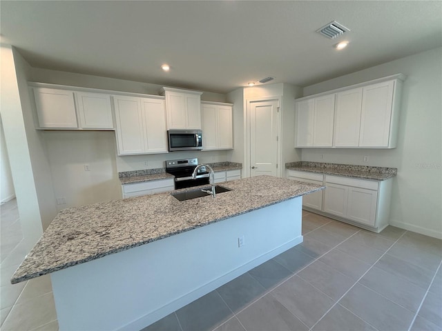 kitchen with visible vents, white cabinetry, stainless steel appliances, and a sink