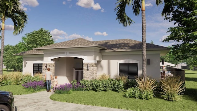 view of front of home featuring a front yard, stone siding, roof with shingles, and stucco siding