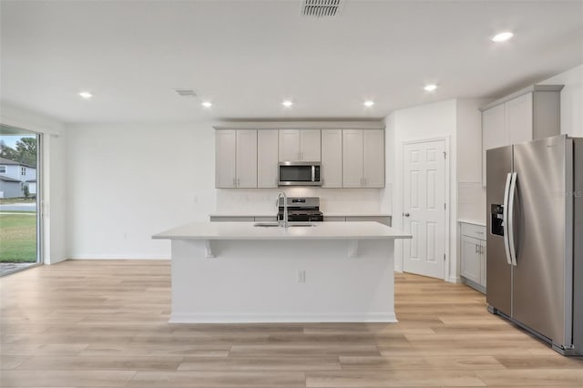 kitchen with sink, tasteful backsplash, an island with sink, light hardwood / wood-style floors, and appliances with stainless steel finishes